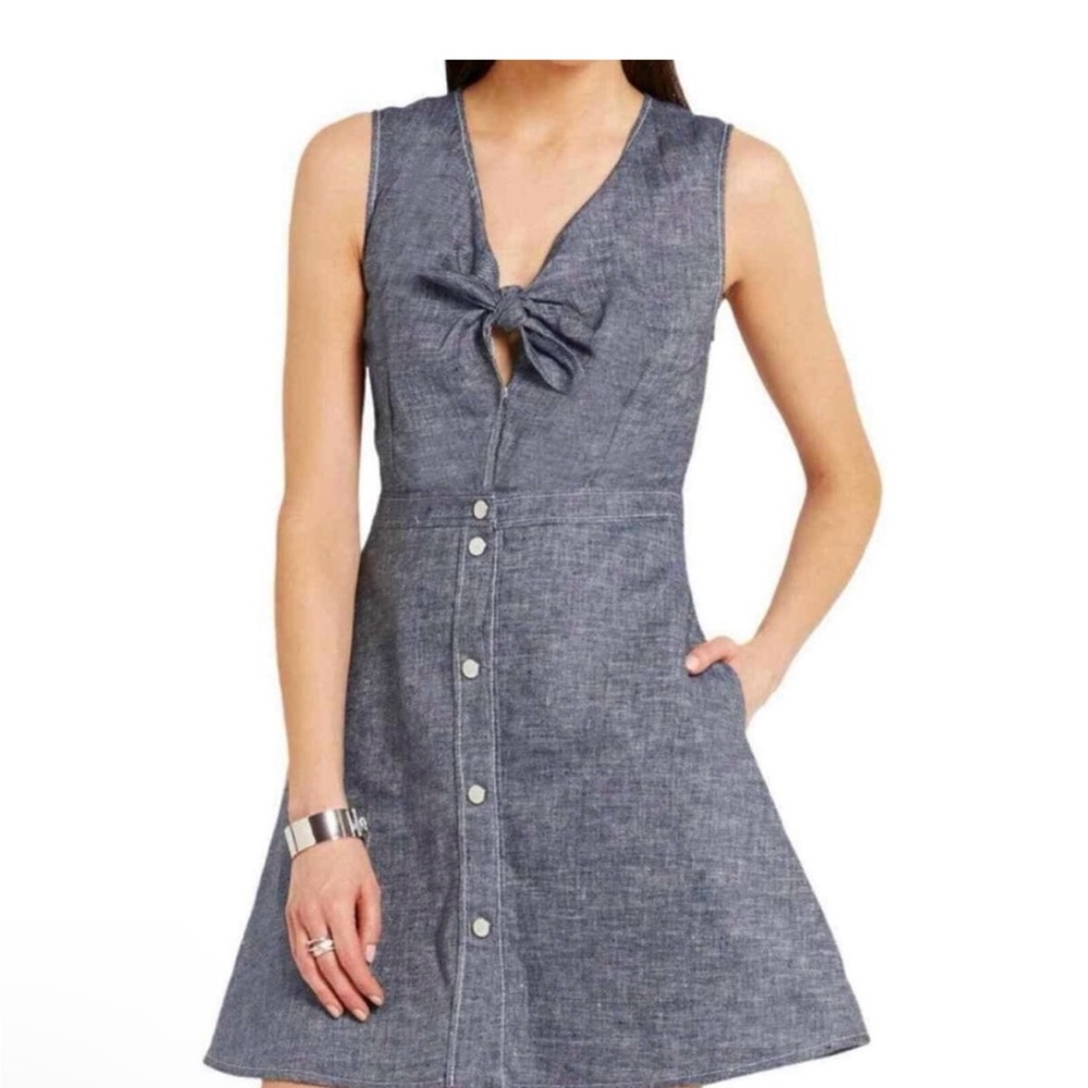 Chambray Button-Down Dress with Bow Detail